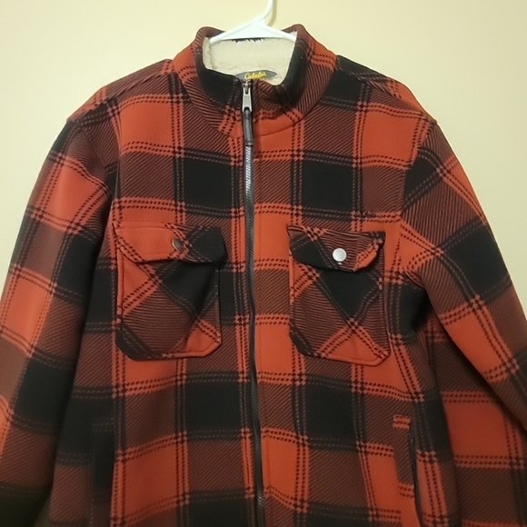 Cabela's Fleece Jacket Mens Medium Red Black Sherpa Lined Full Zip Flannel Heavy - Picture 3 of 13